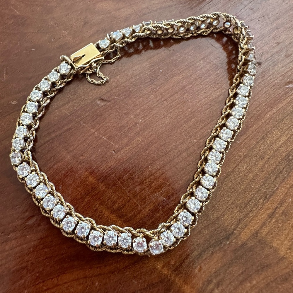 Vintage 14k Gold and Cubic Zirconia Tennis Bracelet with Double Rope Chain